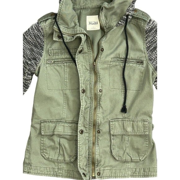 Mudd Cotton Hooded Collared Button Up Long Sleeve Jacket Green/Black Medium - Picture 4 of 7